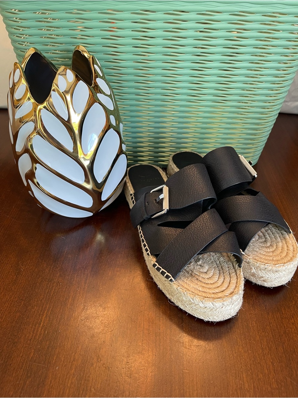 Marc Fisher Venita Leather Twine Platform Espadrille Slide Sandals Black SZ 6.5